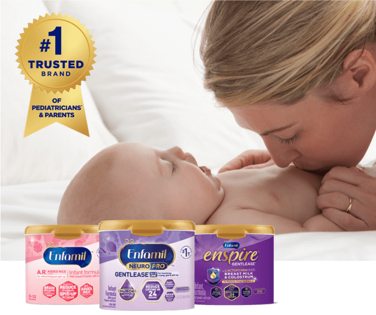 Formula for Tummy Troubles Enfamil #1 Trusted Brand of Pediatriacians and Parents, mom kissing baby belly