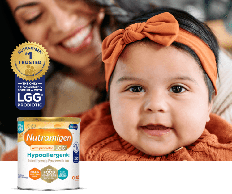 Happy smiling baby, Nutramigen® with Probiotic LGG® that's the #1 trusted hypoallergenic infant formula brand, the only hypoallergenic formula with LGG® probiotic